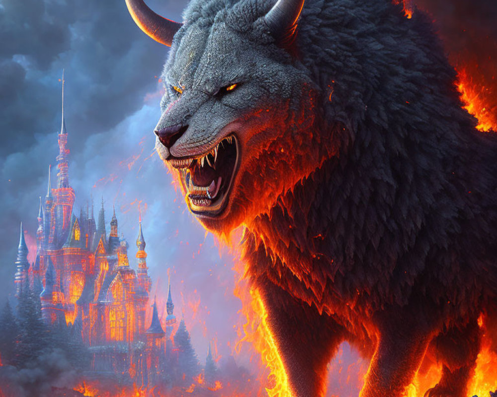 Majestic beast with wolf-like horns in front of fiery landscape and gothic castle.