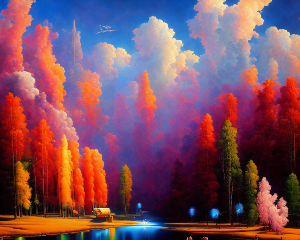 Surreal autumn forest painting with lake, boats, and fiery sky