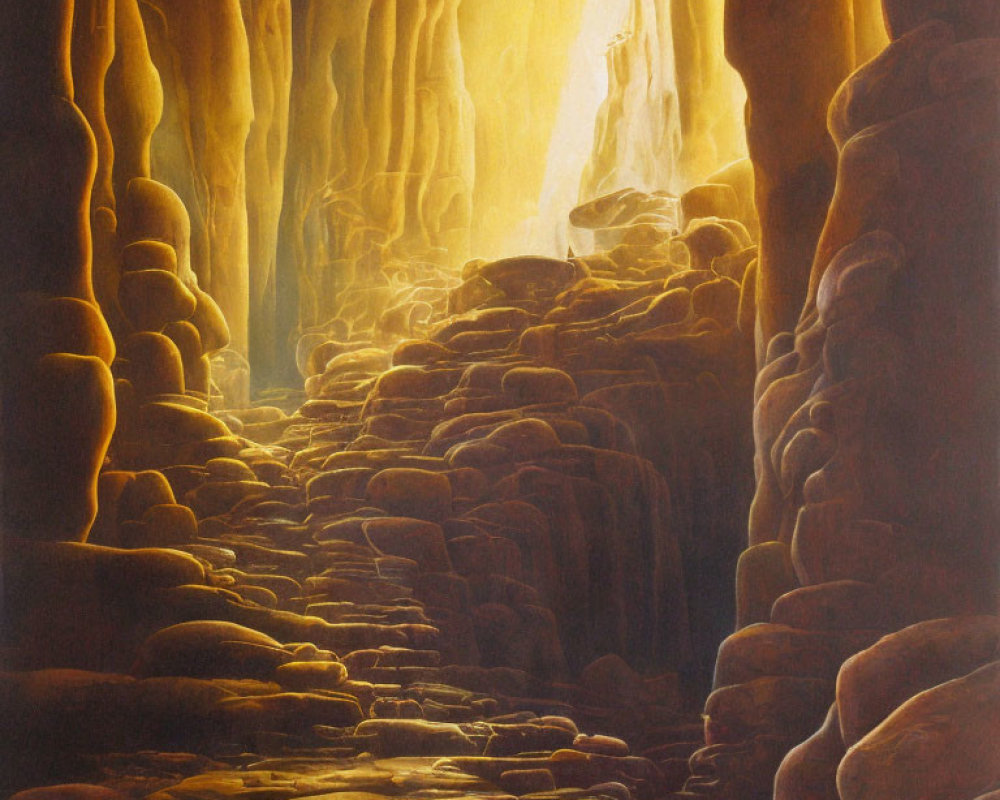 Ethereal cave with warm golden light and stalactites