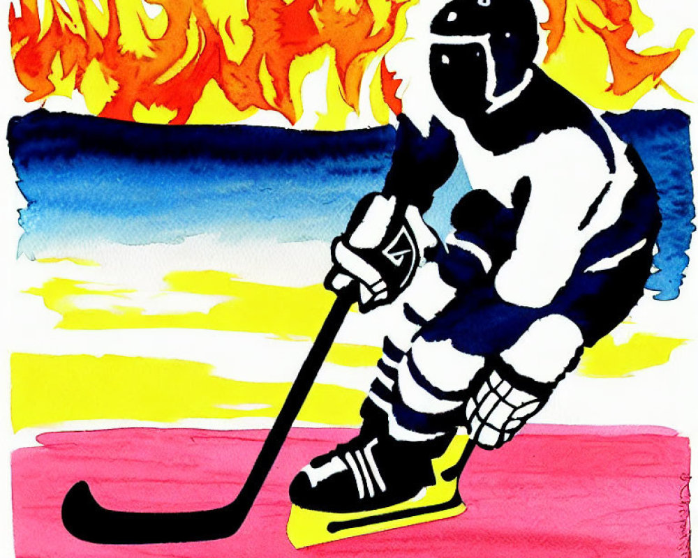Hockey player in gear with stick on ice amid flames