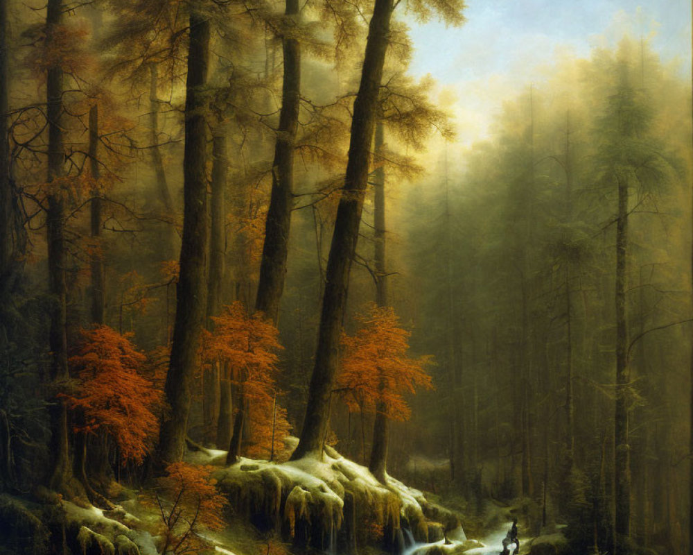 Tranquil forest scene with stream, orange foliage, figure by misty pines