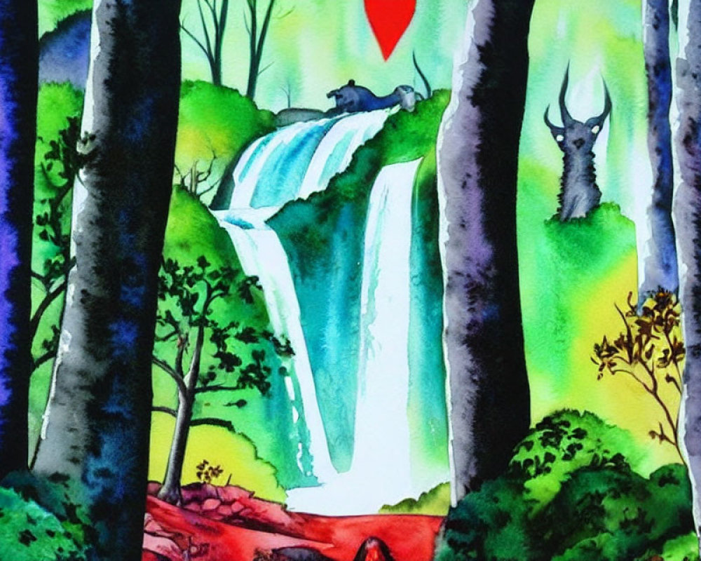 Vibrant watercolor painting of forest with waterfall, wolf, and mystical creature