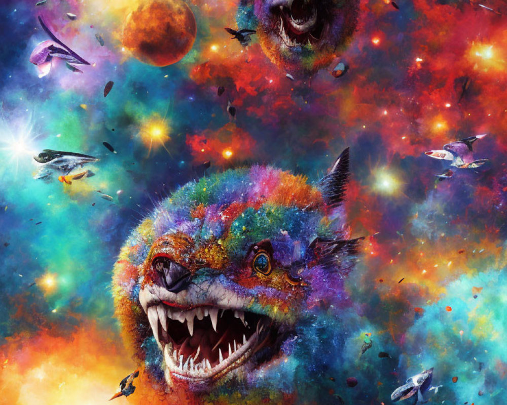 Colorful Wolf's Head in Cosmic Universe Artwork