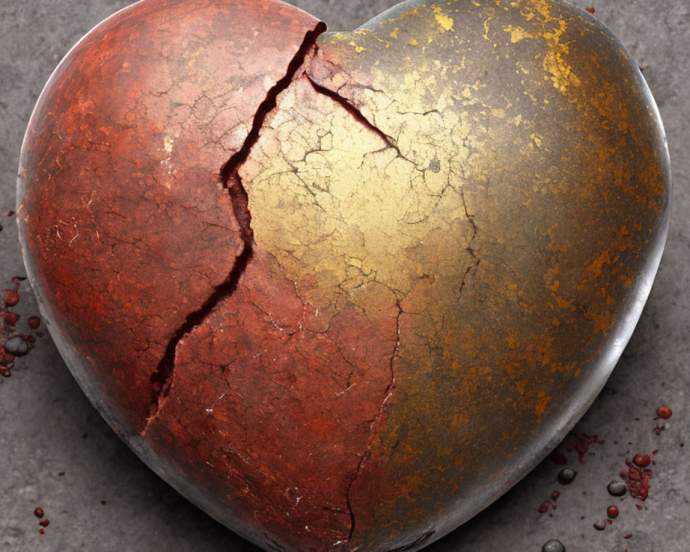 Cracked Heart-Shaped Object in Gold and Red on Grey Background
