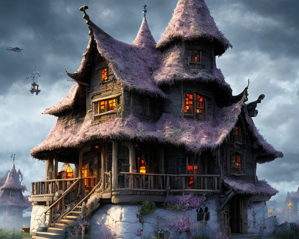 Enchanting multi-story fantasy cottage with glowing windows and thatched roof