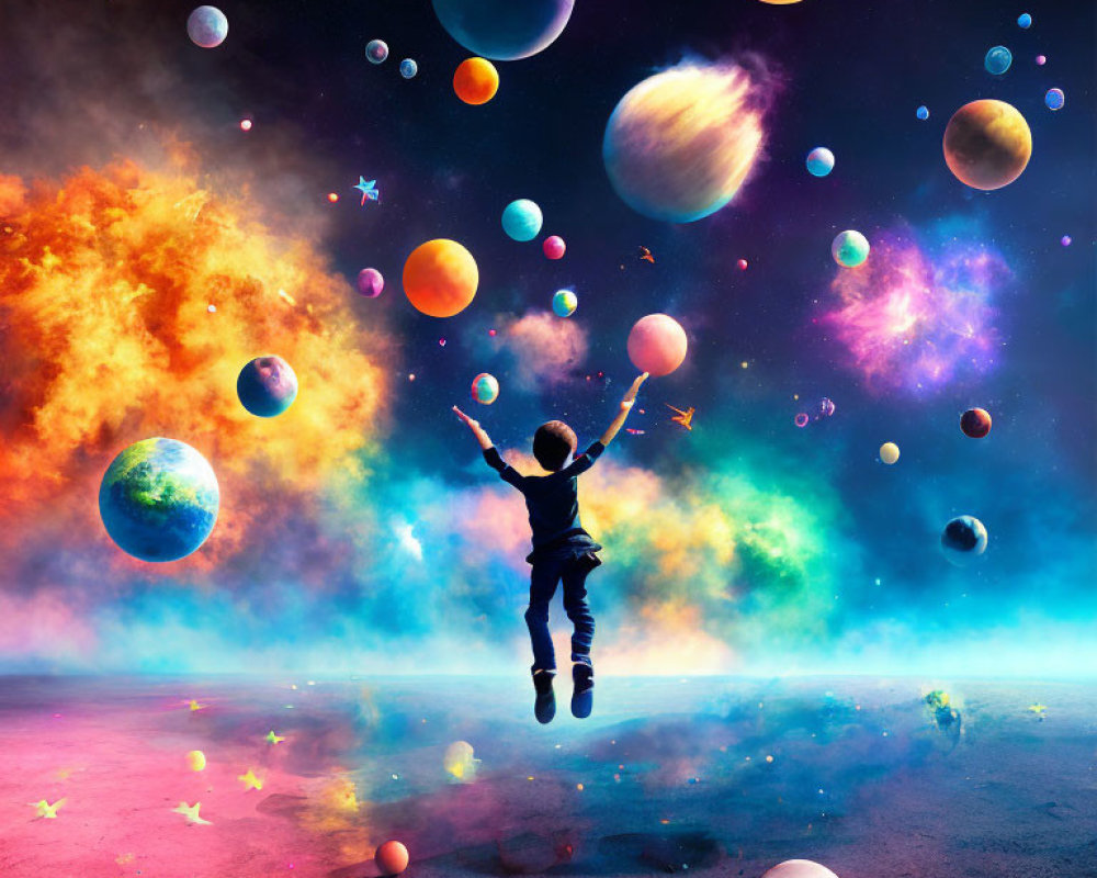 Child reaching towards vibrant cosmic scene with diverse planets and stars against nebula-filled sky