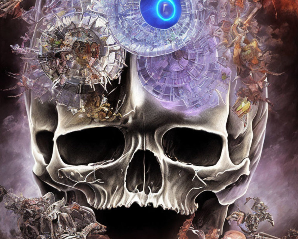 Detailed surreal artwork: Large skull with mechanical and organic elements, glowing blue eye