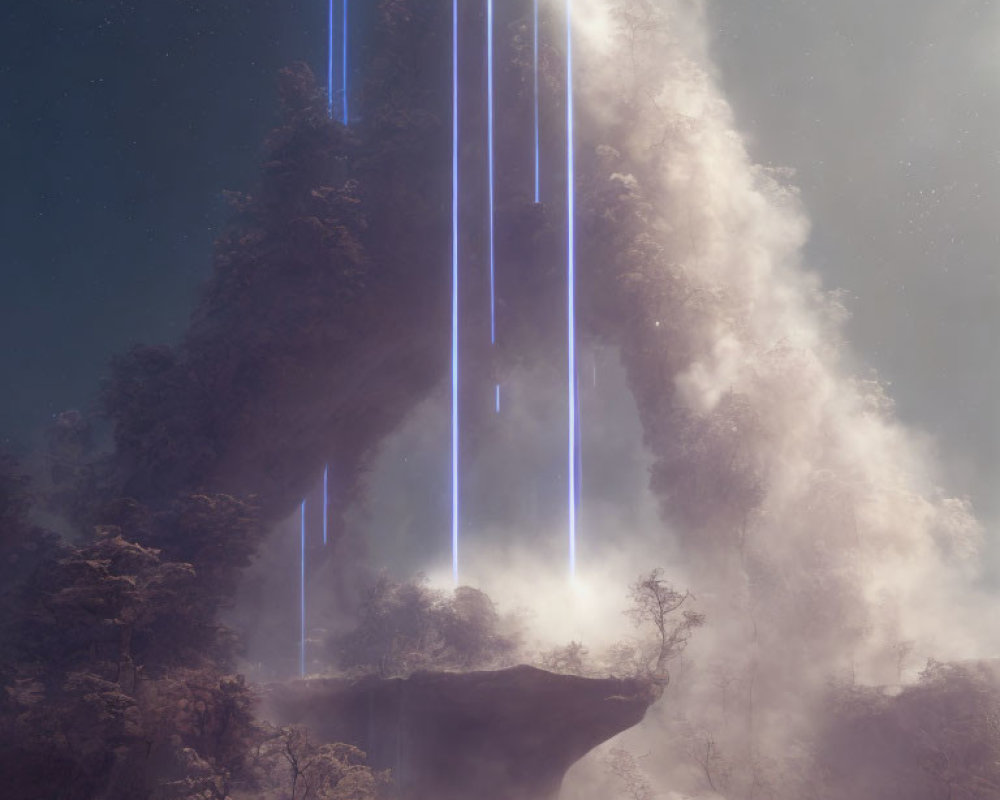 Ethereal forest landscape with blue light beams