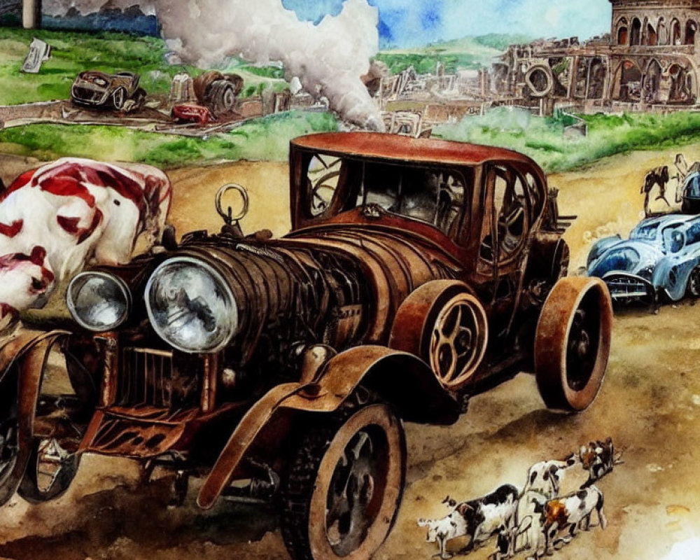 Vintage Cars and Dogs in Rustic Watercolor Landscape