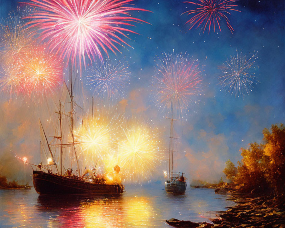 Colorful fireworks over calm river with ship silhouettes at night