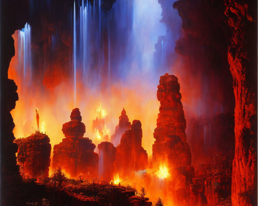Majestic volcanic landscape with cliffs, waterfalls, and lava flows at night