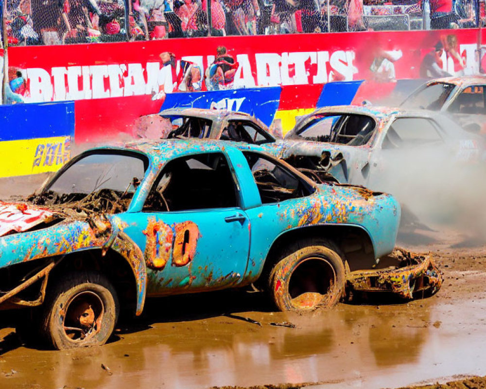 Vibrant demolition derby scene with colorful battered cars and number '00'