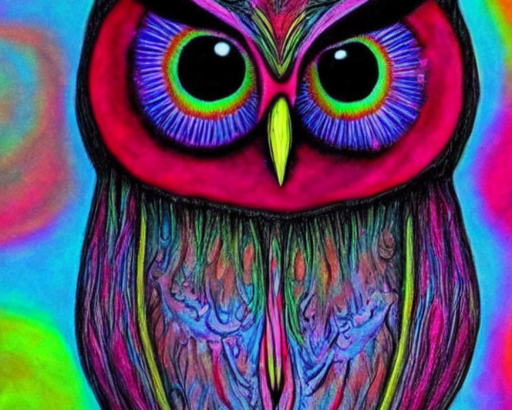 Colorful Owl Illustration with Purple Hue and Psychedelic Background