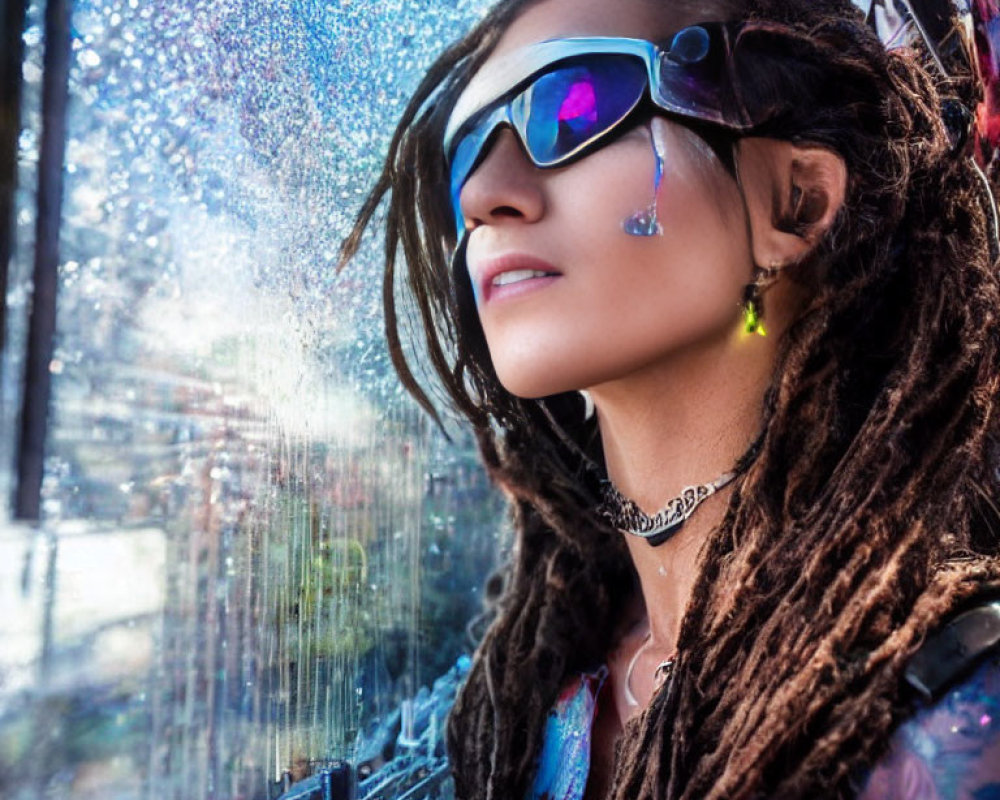 Woman with dreadlocks in reflective sunglasses looking out raindrop-speckled window