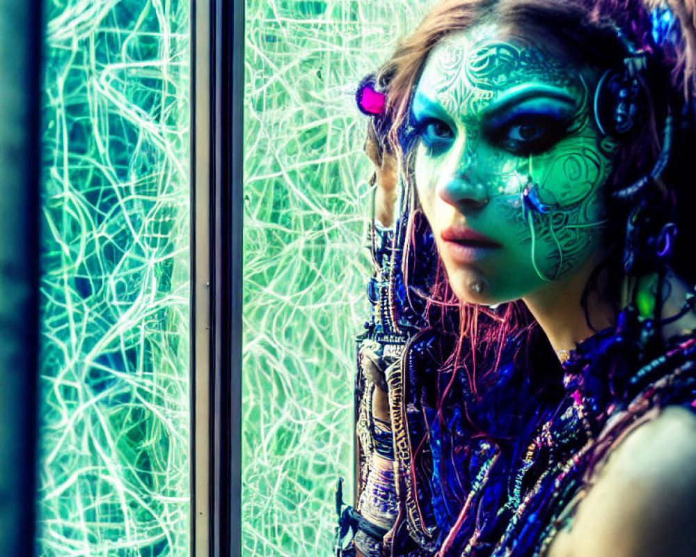 Elaborate blue and green face paint person gazes out window with vibrant geometric pattern