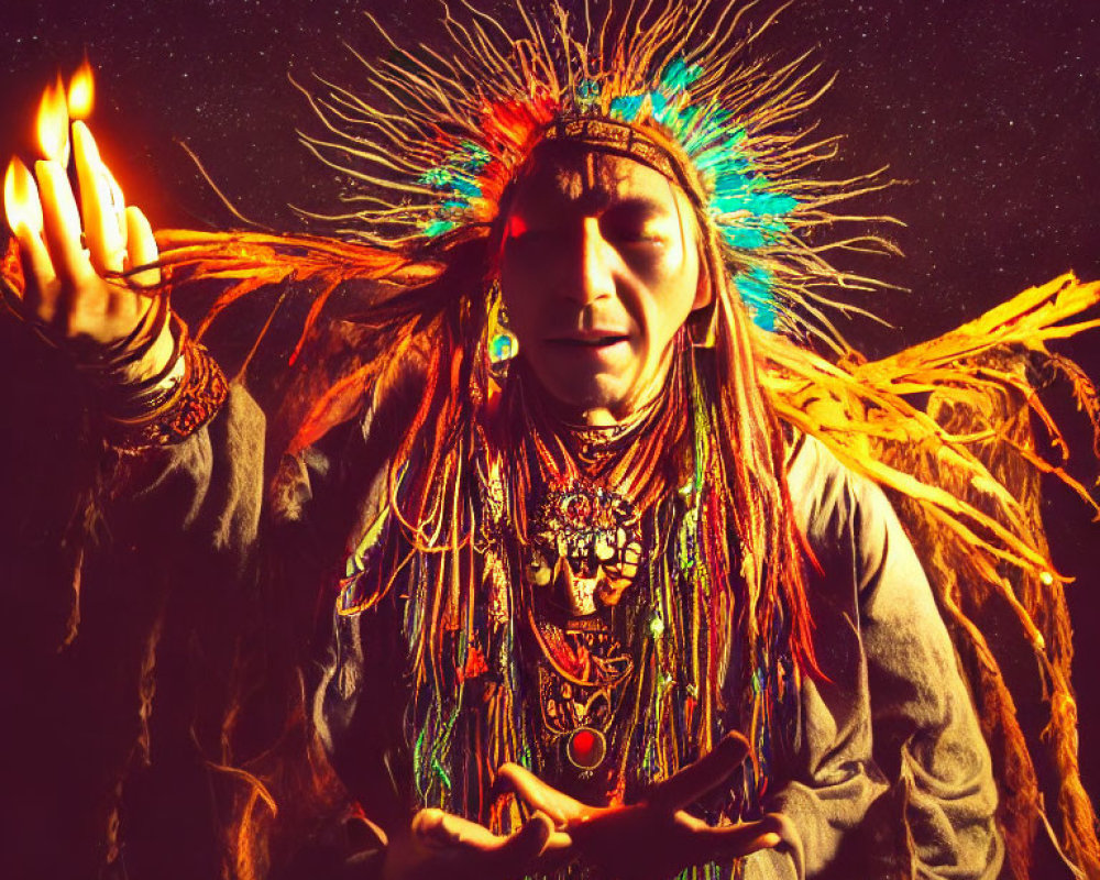 Person in tribal attire with headdress holding a flame in mystical setting