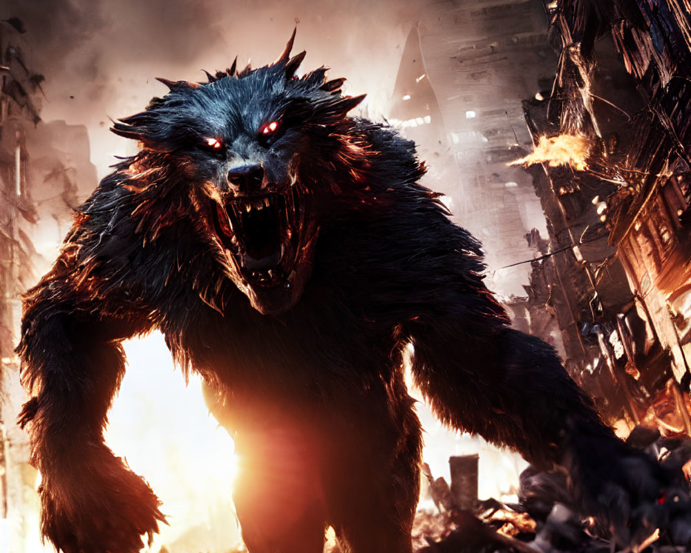 Glowing red-eyed werewolf in ruined cityscape at night