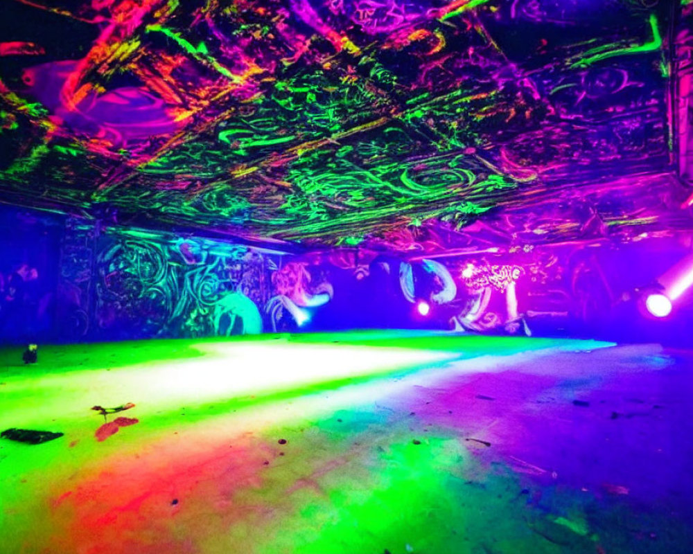 Colorful neon graffiti transforms room under blacklight