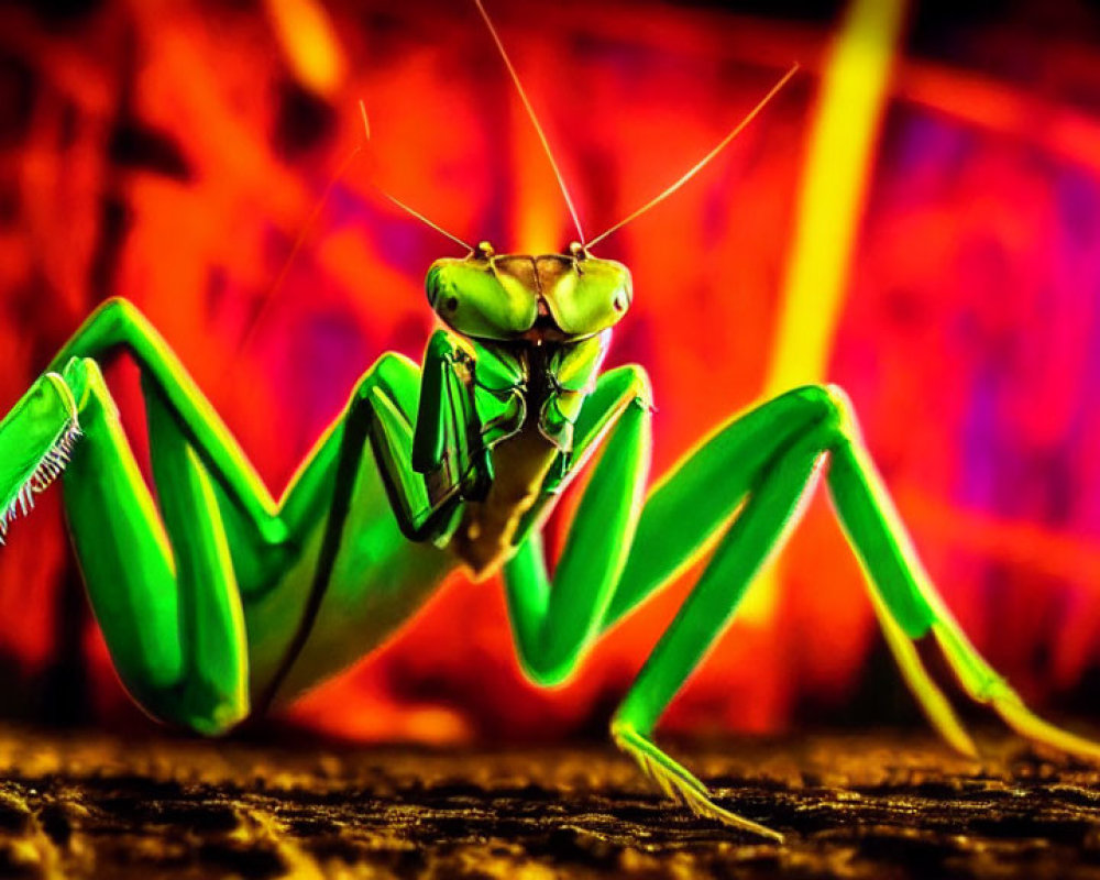 Vivid green praying mantis with long antennae against red and purple backdrop