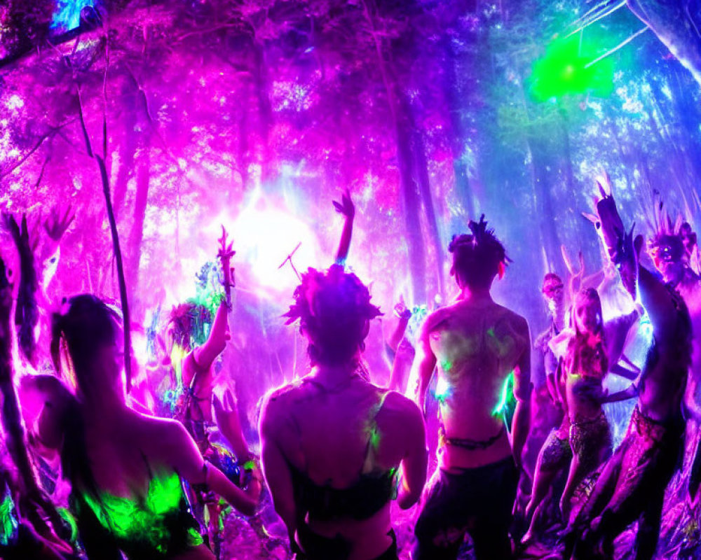 Colorful Forest Rave with Neon Lights and Dancing Crowd