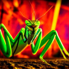 Vivid green praying mantis with long antennae against red and purple backdrop
