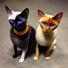 Gray Cat with Striking Eyes Next to Gold Robotic Cat with Blue Eyes