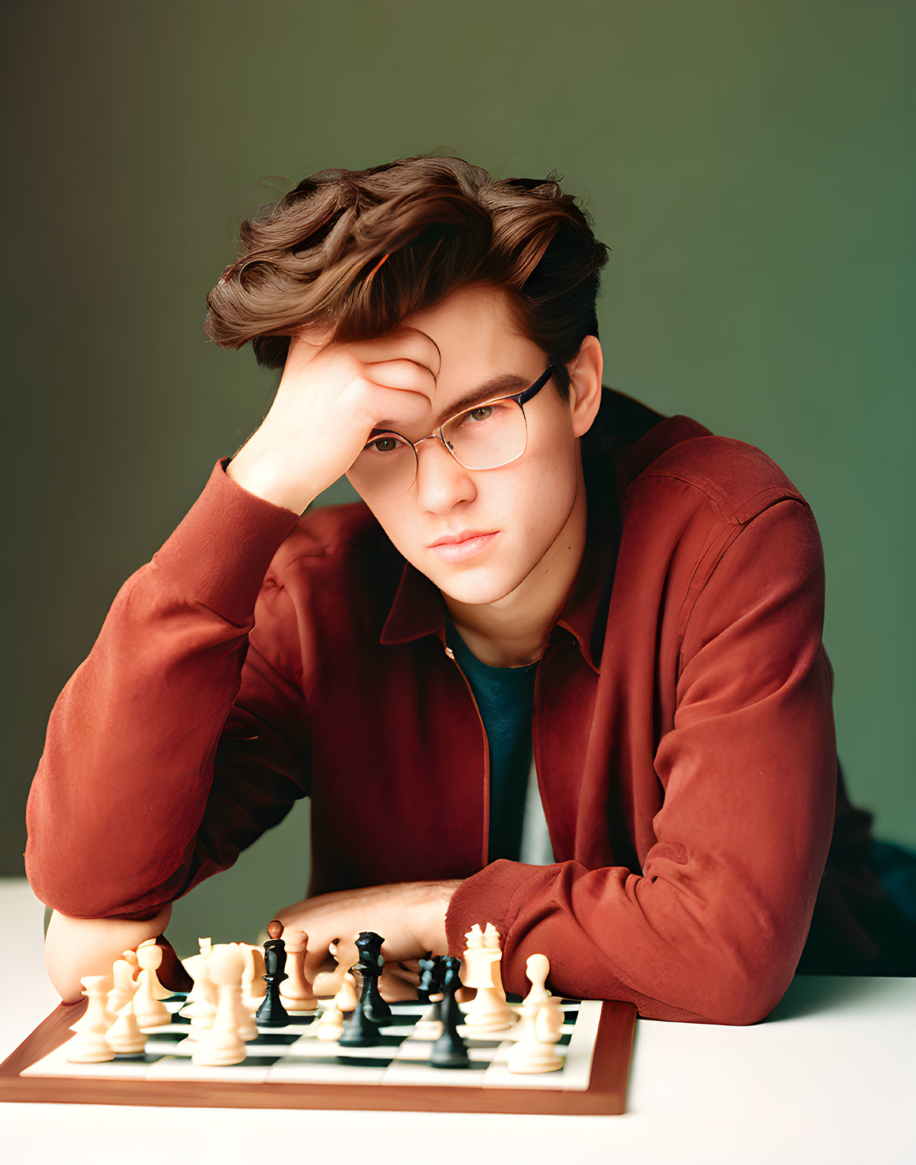Man in glasses contemplating chess game on gradient background.