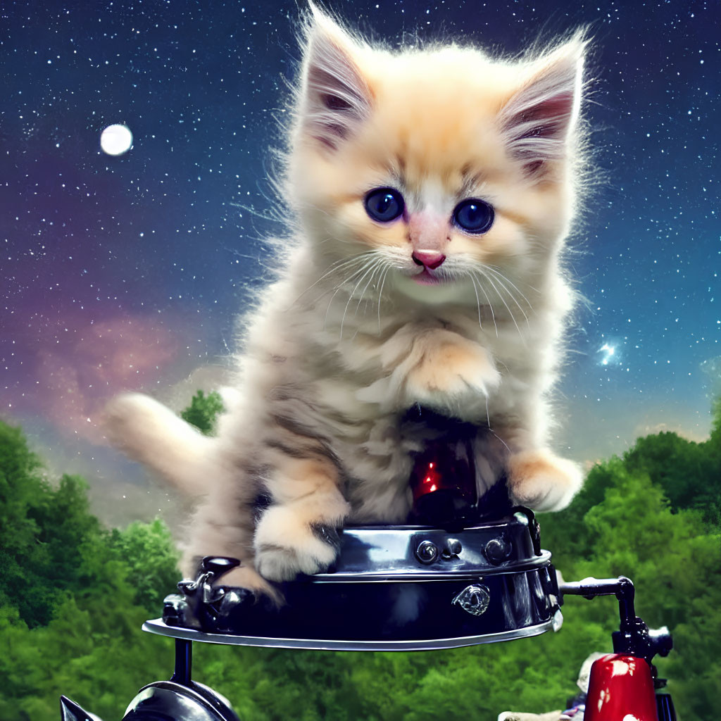 Fluffy kitten on telescope under starry night sky