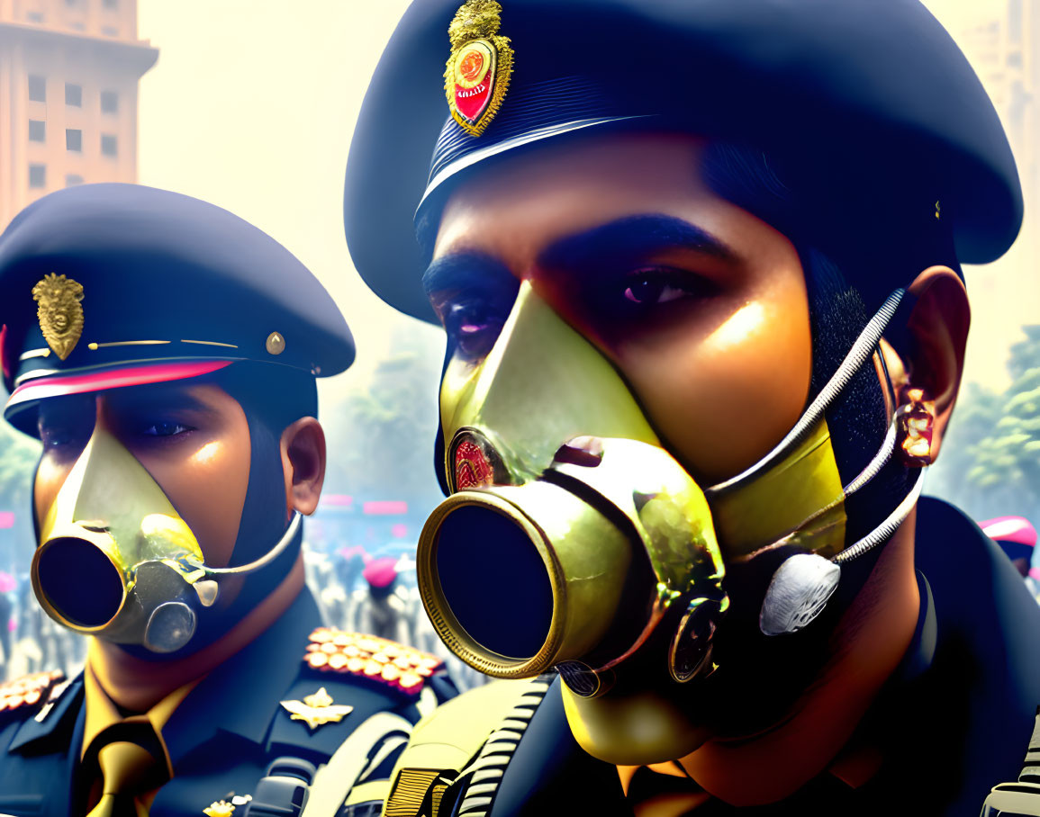 Uniformed officers in gas masks with ornate badges against hazy cityscape