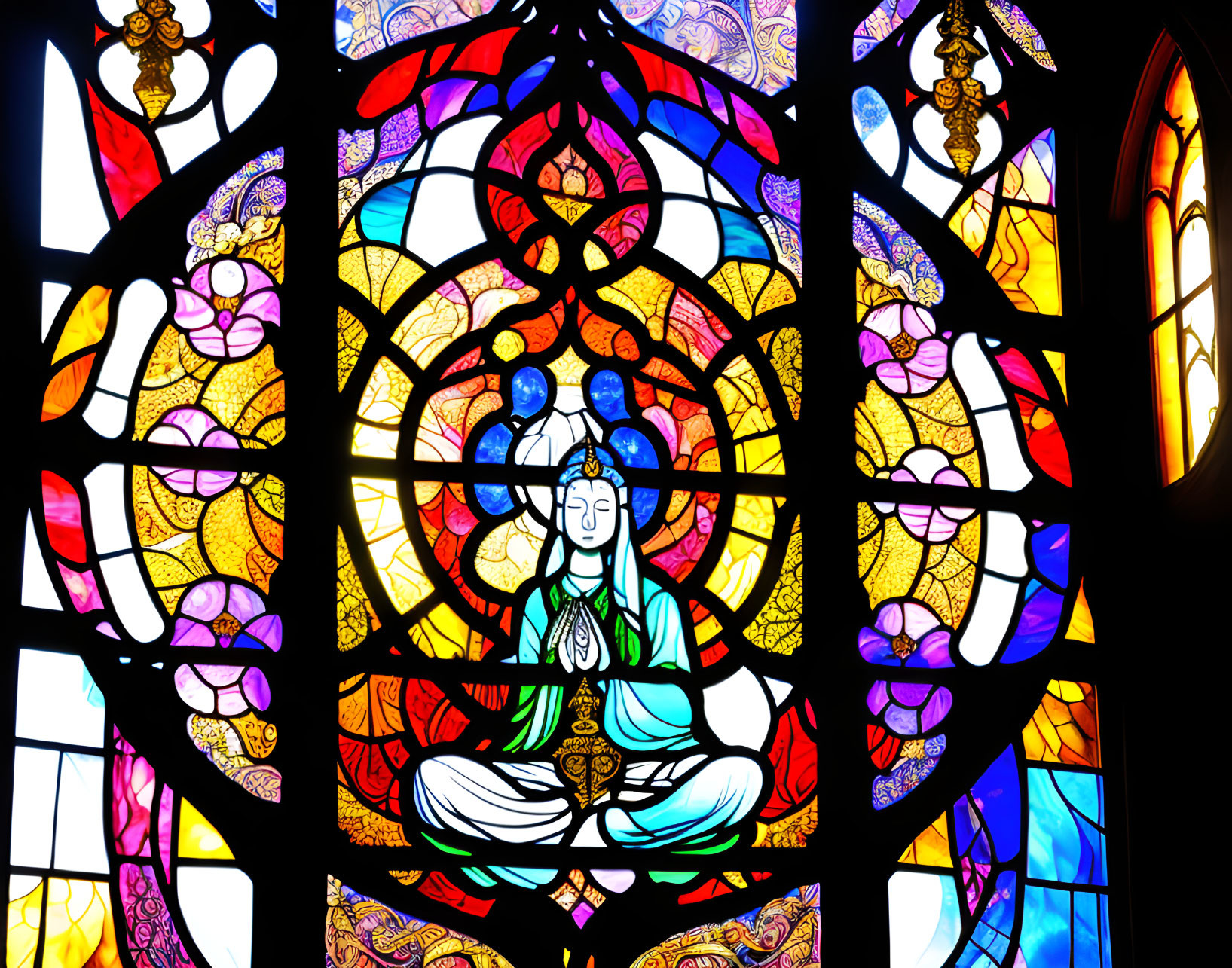 Vibrant stained glass window featuring serene deity and intricate patterns