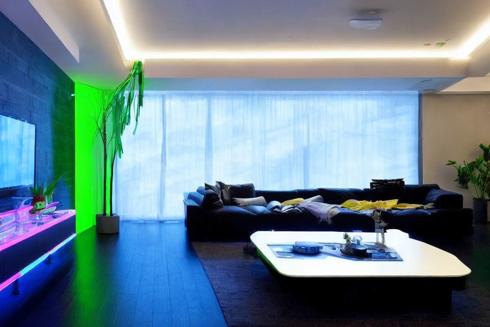 Contemporary living room with LED lighting, black sectional sofa, oval coffee table, aquarium, and sheer