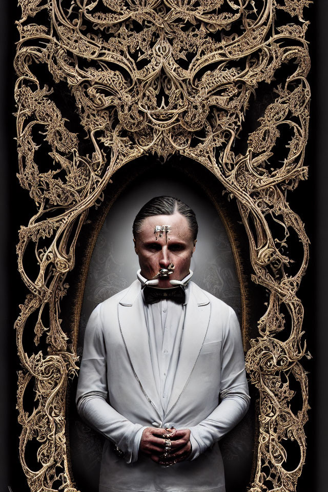 Man in white suit with unique facial jewelry in front of ornate golden frame on dark backdrop.