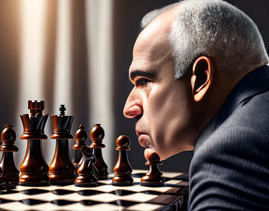 Man Reflects Strategic Thinking with Chessboard Symbolism