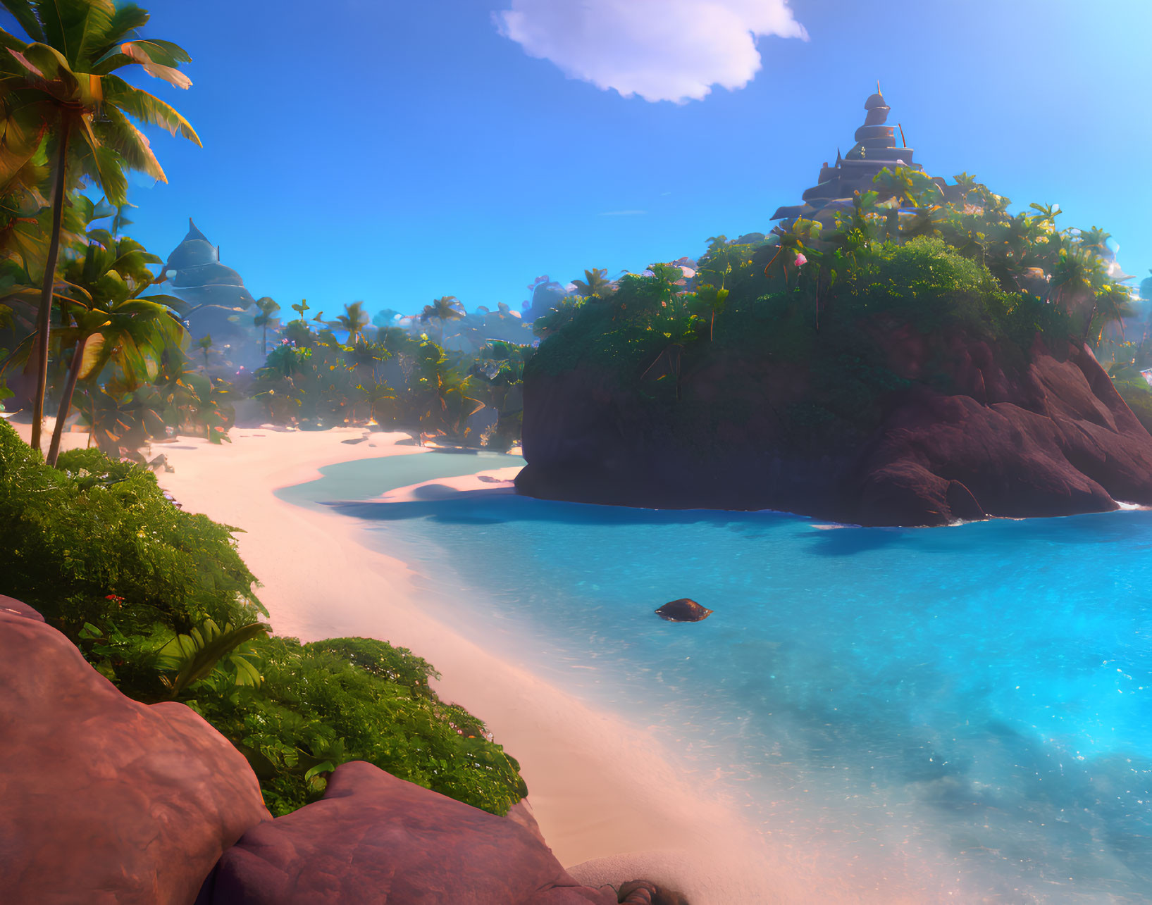 Tropical beach with crystal-clear water, palm trees, rocky landscape, and hilltop temple