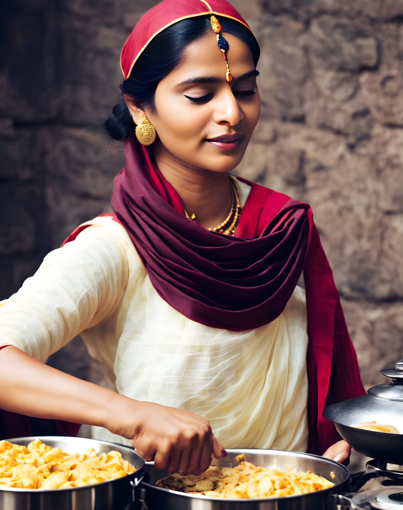 Traditional Indian woman cooking with red headband and gold jewelry