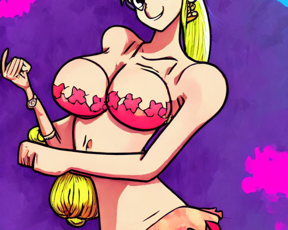 Blonde Animated Female Character in Pink Bikini on Purple Background