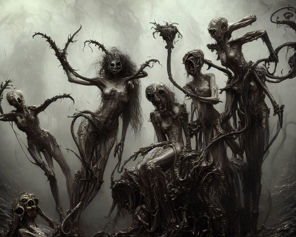 Dark, eerie artwork of skeletal figures in misty backdrop
