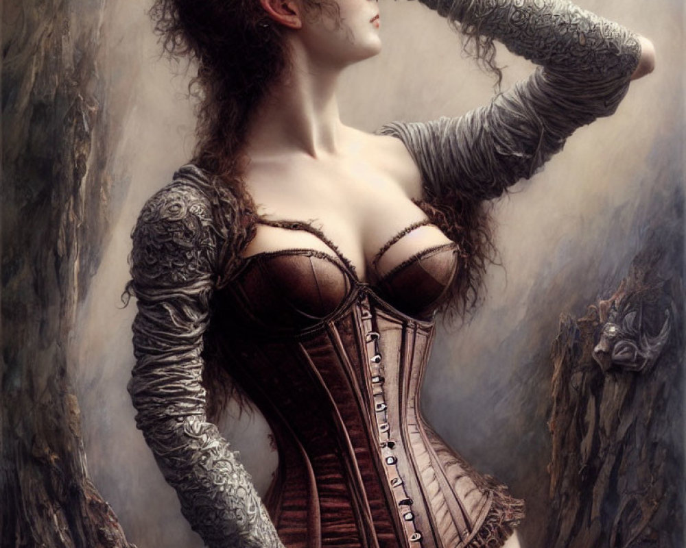 Auburn-haired woman in brown corset poses with hand on forehead