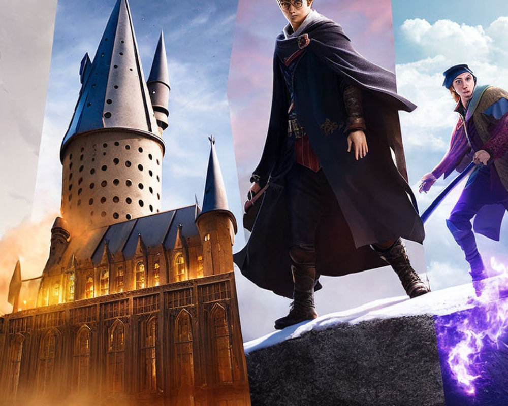 Split Image: Magical Castle and Wizard-Like Characters in Mystical Setting