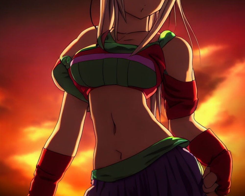 Blonde-Haired Anime Girl in Red Outfit with Green Accents Against Sunset Sky
