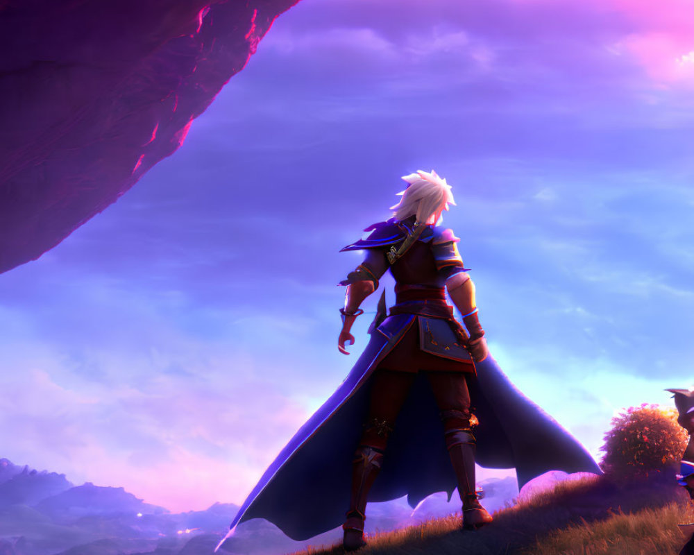 White-Haired Animated Character with Blue Cape in Fantasy Setting