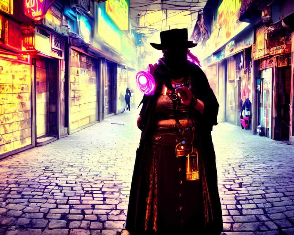 Mysterious figure in hat and cloak in neon-lit alley with glowing circle