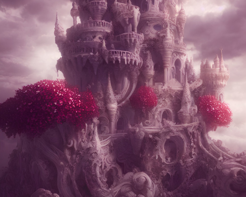 Ethereal pink-hued castle among oversized blossoms