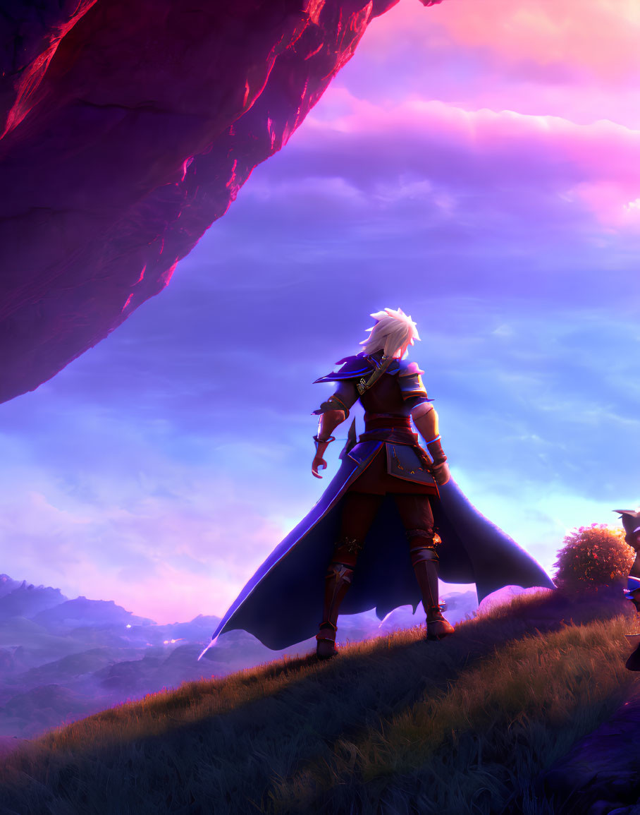 White-Haired Animated Character with Blue Cape in Fantasy Setting