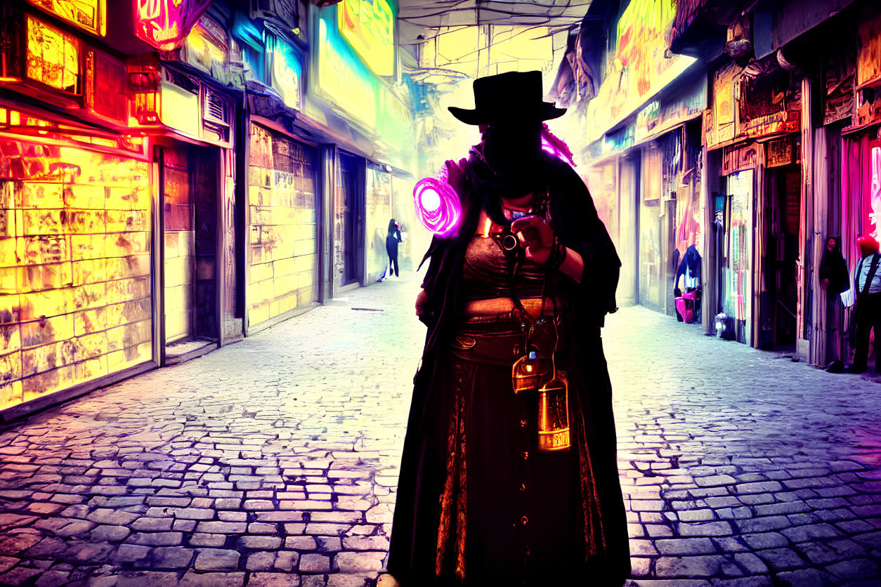 Mysterious figure in hat and cloak in neon-lit alley with glowing circle