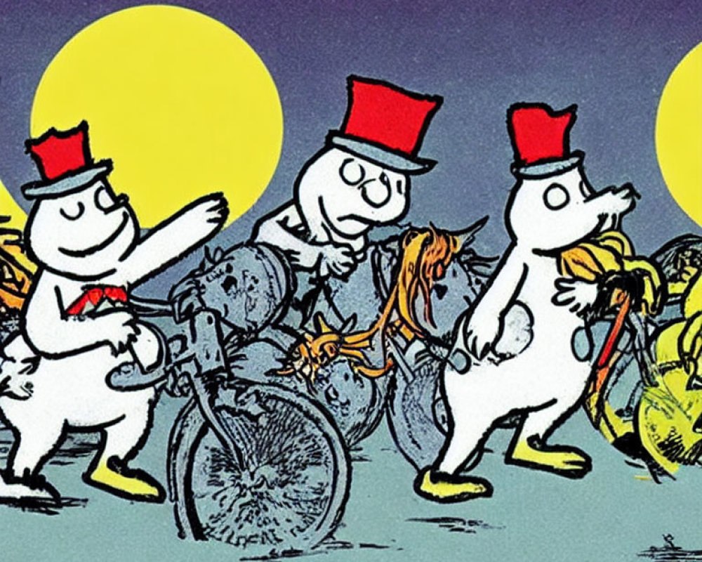 Three white cartoon characters on bicycles under a night sky with yellow moons