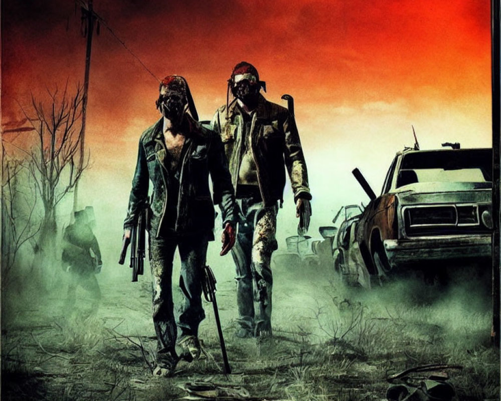 Post-apocalyptic scene with figures in gas masks and gun among wrecked cars in red sky
