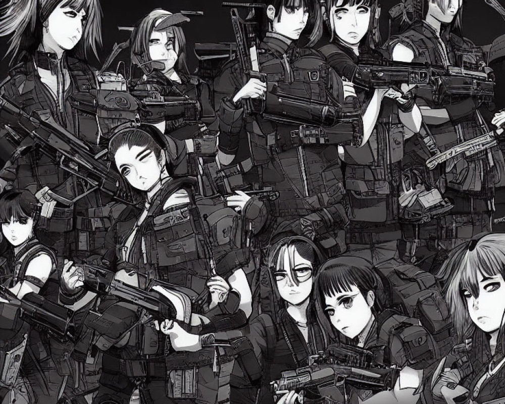 Monochrome illustration of armed female characters in tactical gear with "KILLERS" text