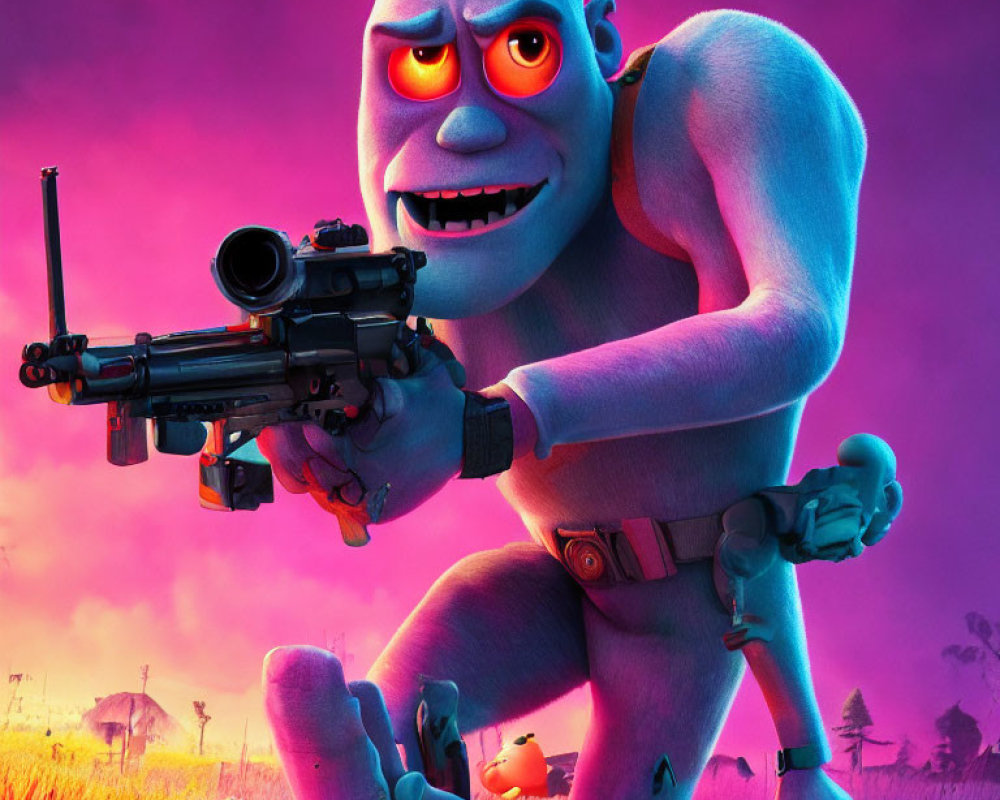 Purple-skinned animated character with sniper rifle in colorful field at dusk