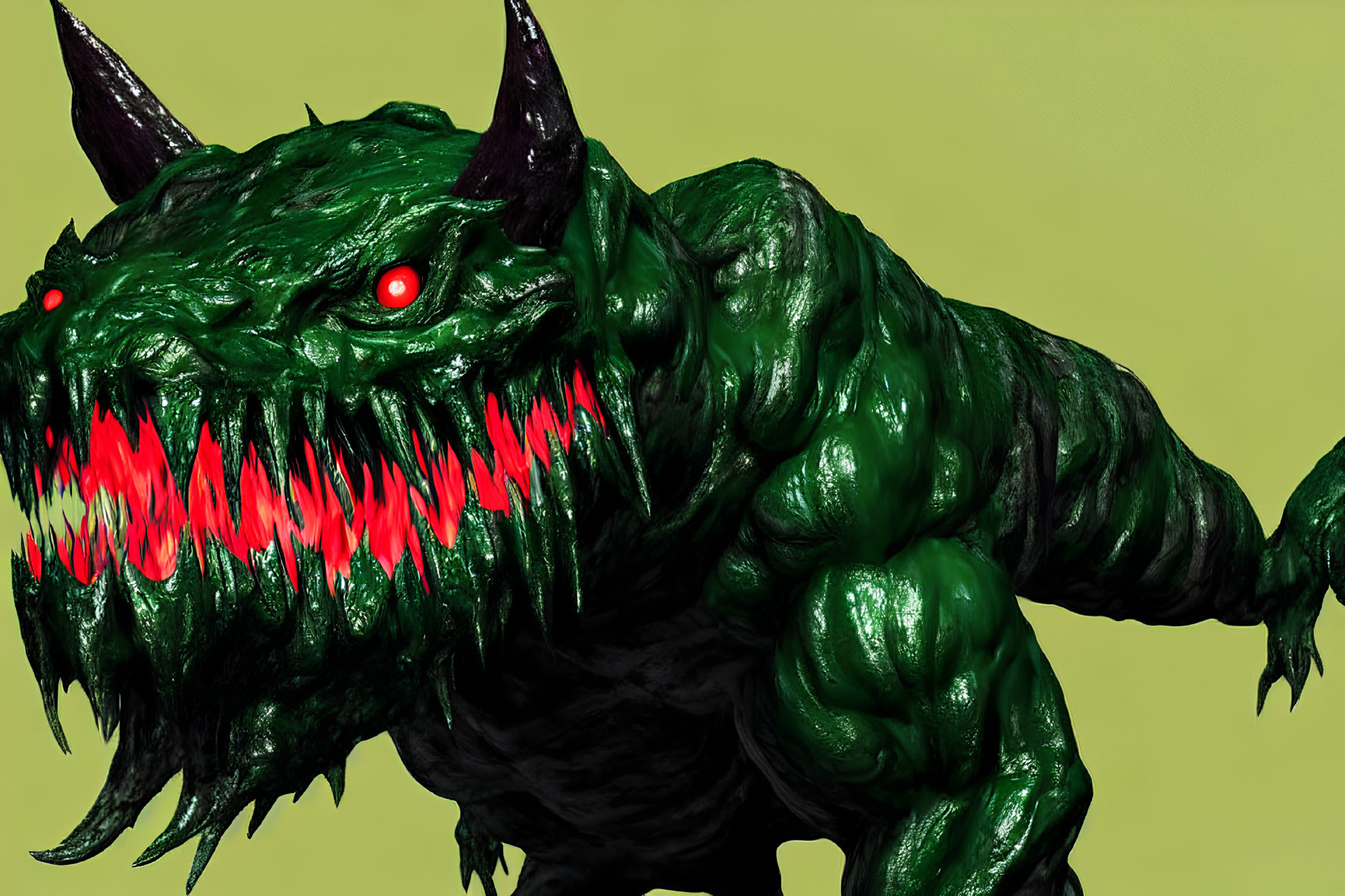 Menacing green monster with red teeth, glowing eyes, and black horns